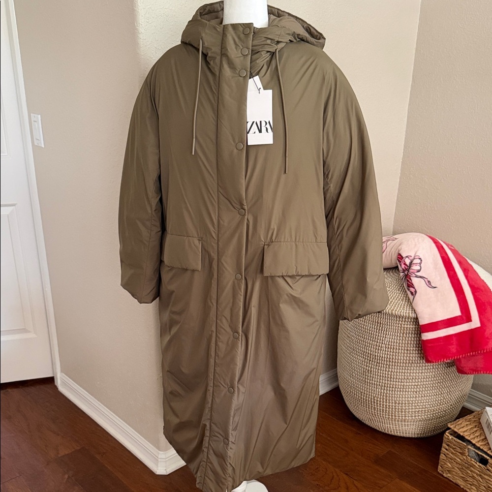 Zara Olive Hooded Puffer Coat
